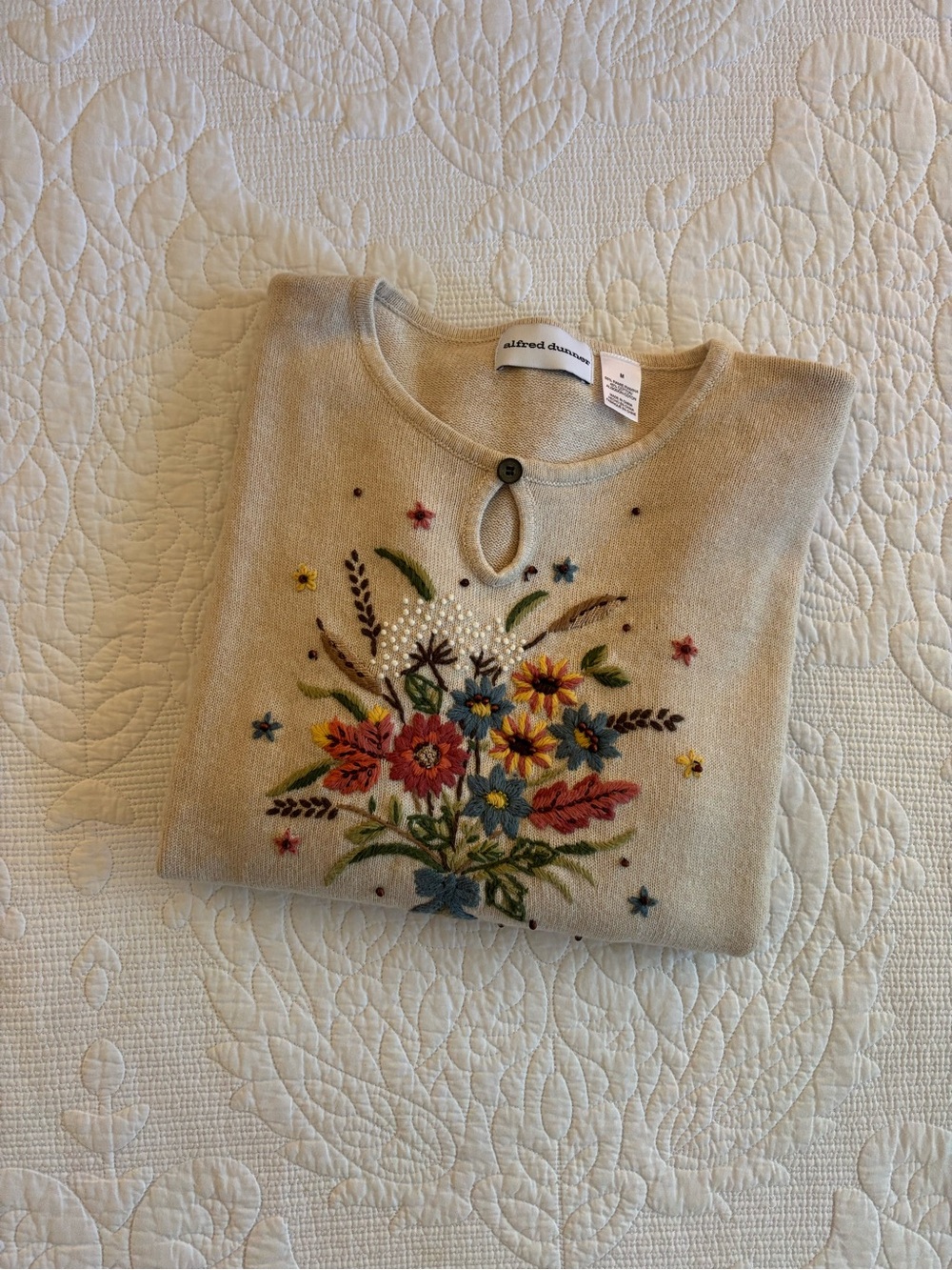 Alfred Dunner Cream Sweater with Multicolor Floral Embroidery